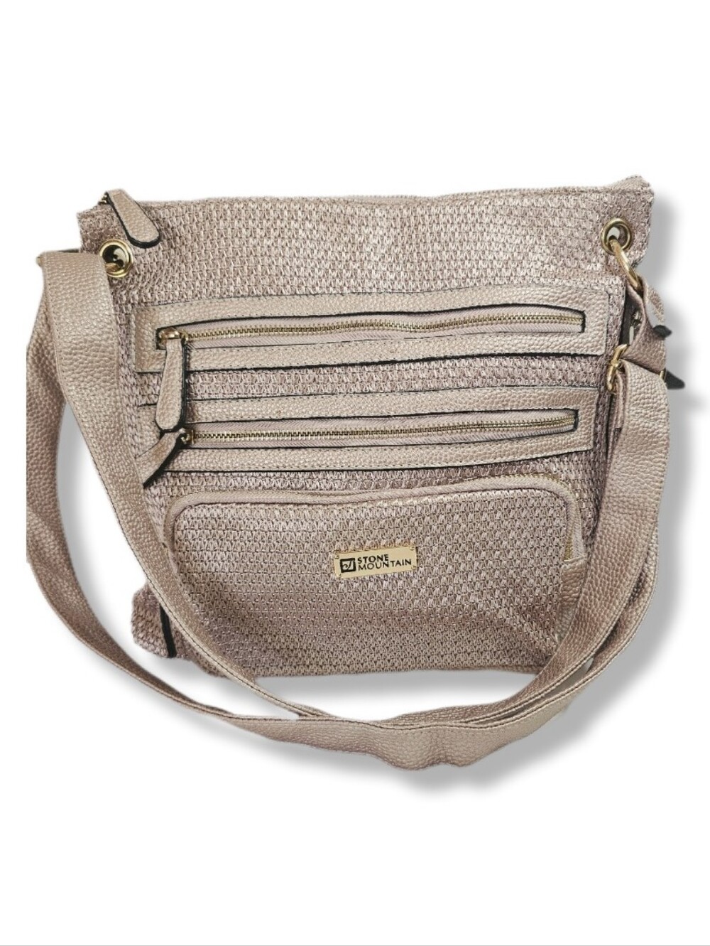 Stone Mountain Pink Metallic Woven Straw Hobo Crossbody Handbag Multi Zip Pocket